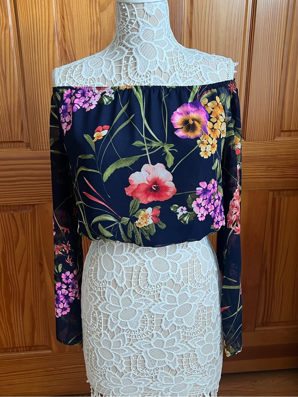 ASTR Off Shoulder Long Bell Sleeve Crop Top